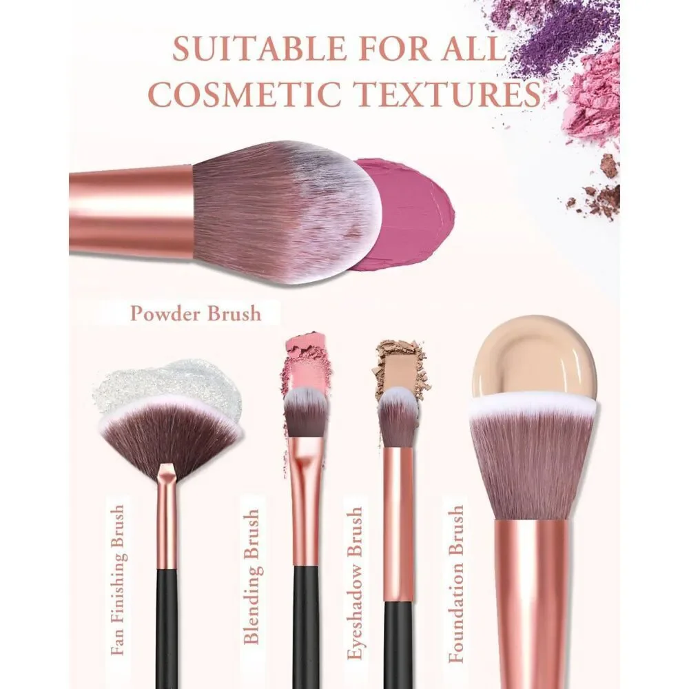20 Pcs Gold Travel Makeup Brush Set With Led Light Mirror Holder & 2 Powder Puff